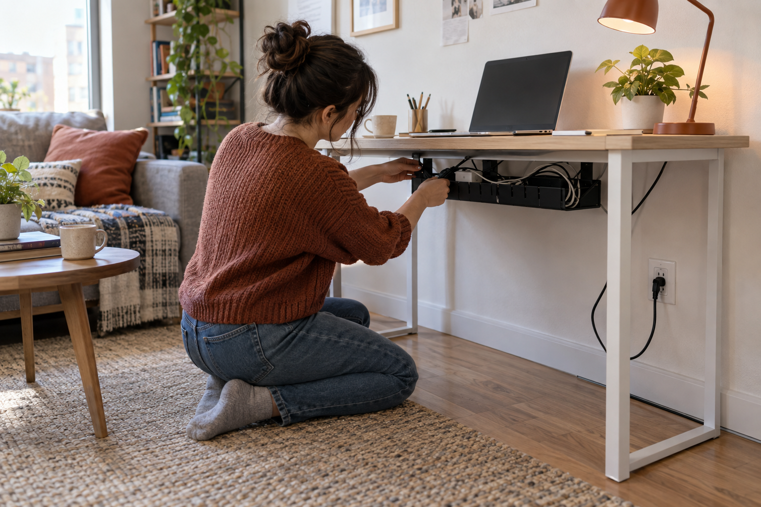 A person routing charging cables beneath a compact home office desk