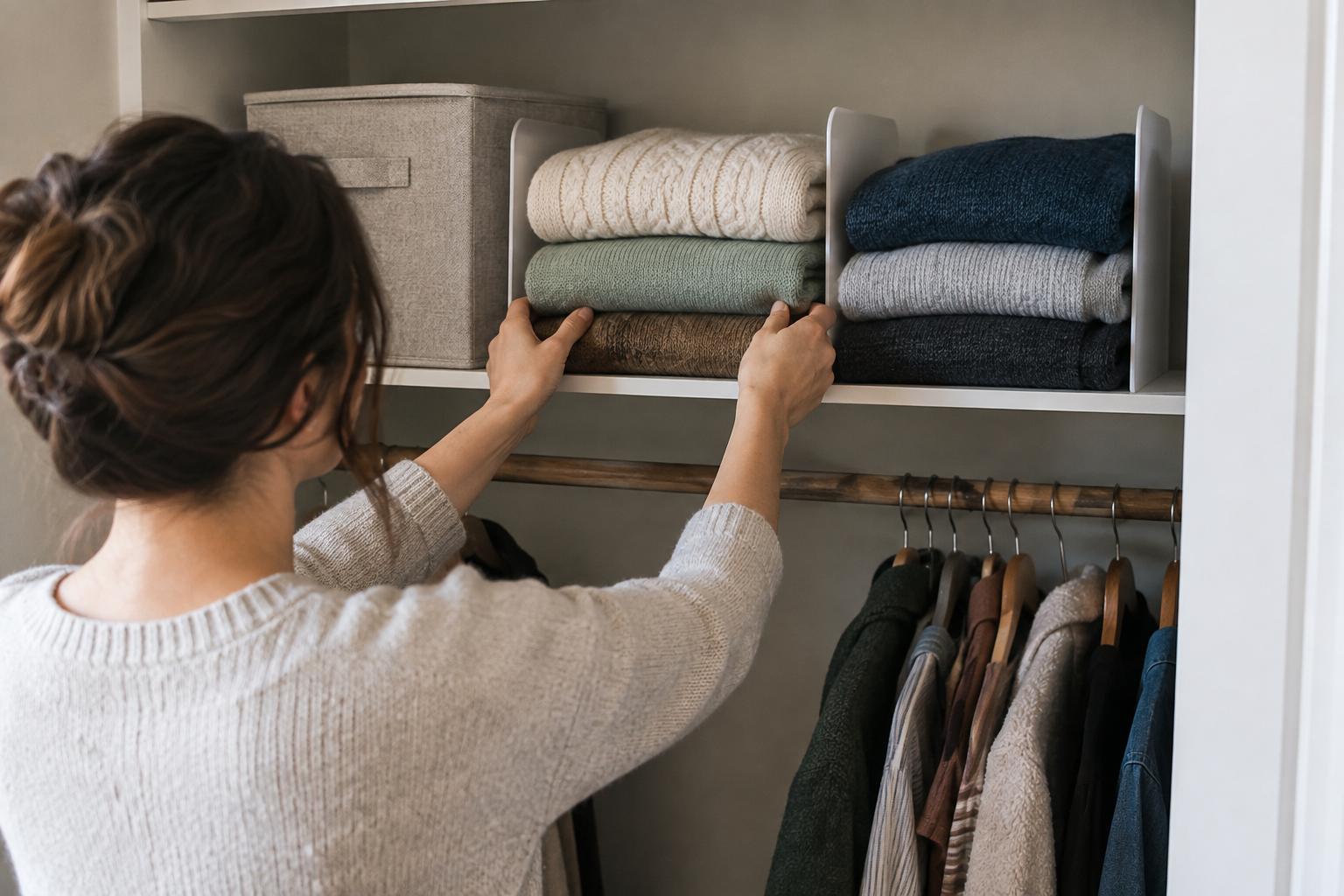 A person arranging folded sweaters between shelf dividers in a compact closet