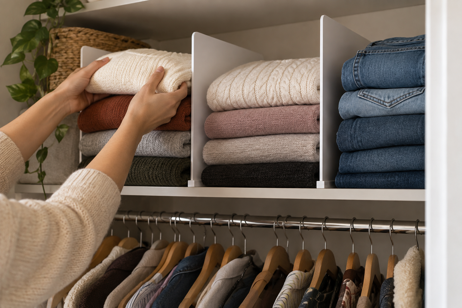 Hands placing a folded sweater between dividers on a compact closet shelf