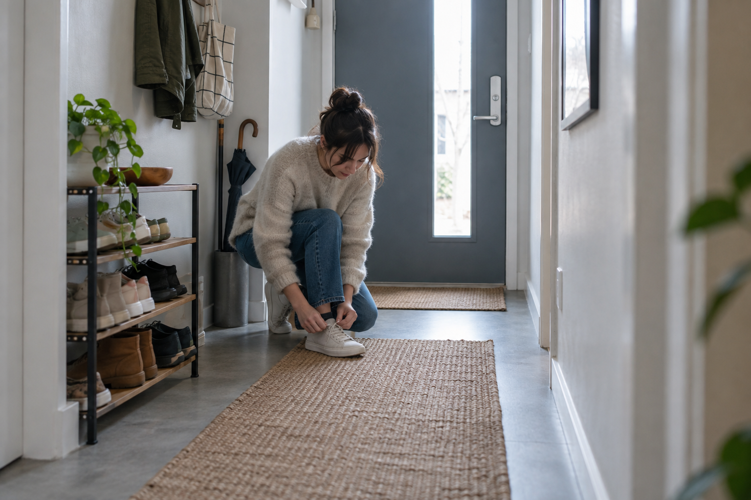 A renter tying a shoe beside a slim rack in a clear narrow entryway