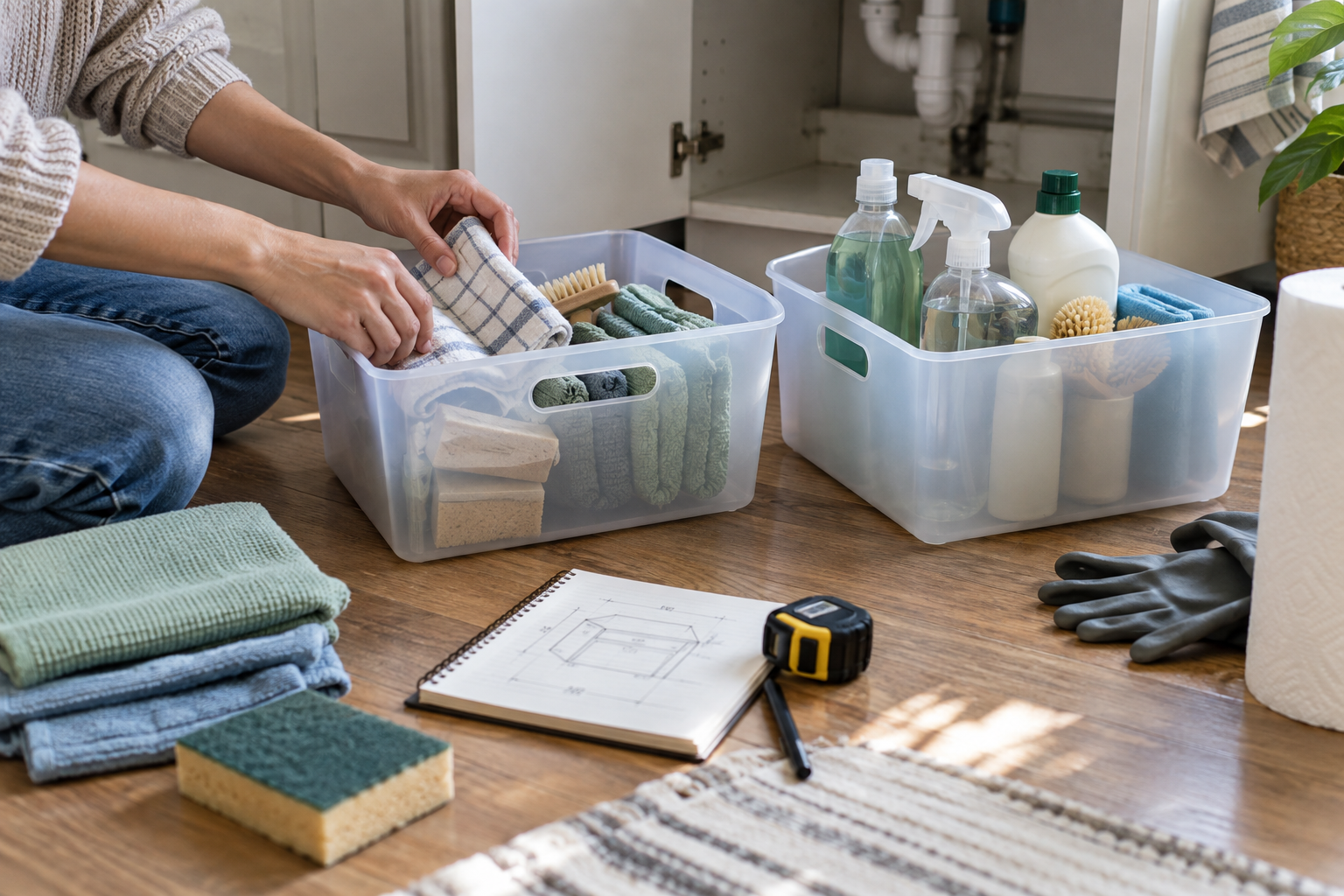 Hands sorting cleaning supplies into removable bins on a small kitchen floor