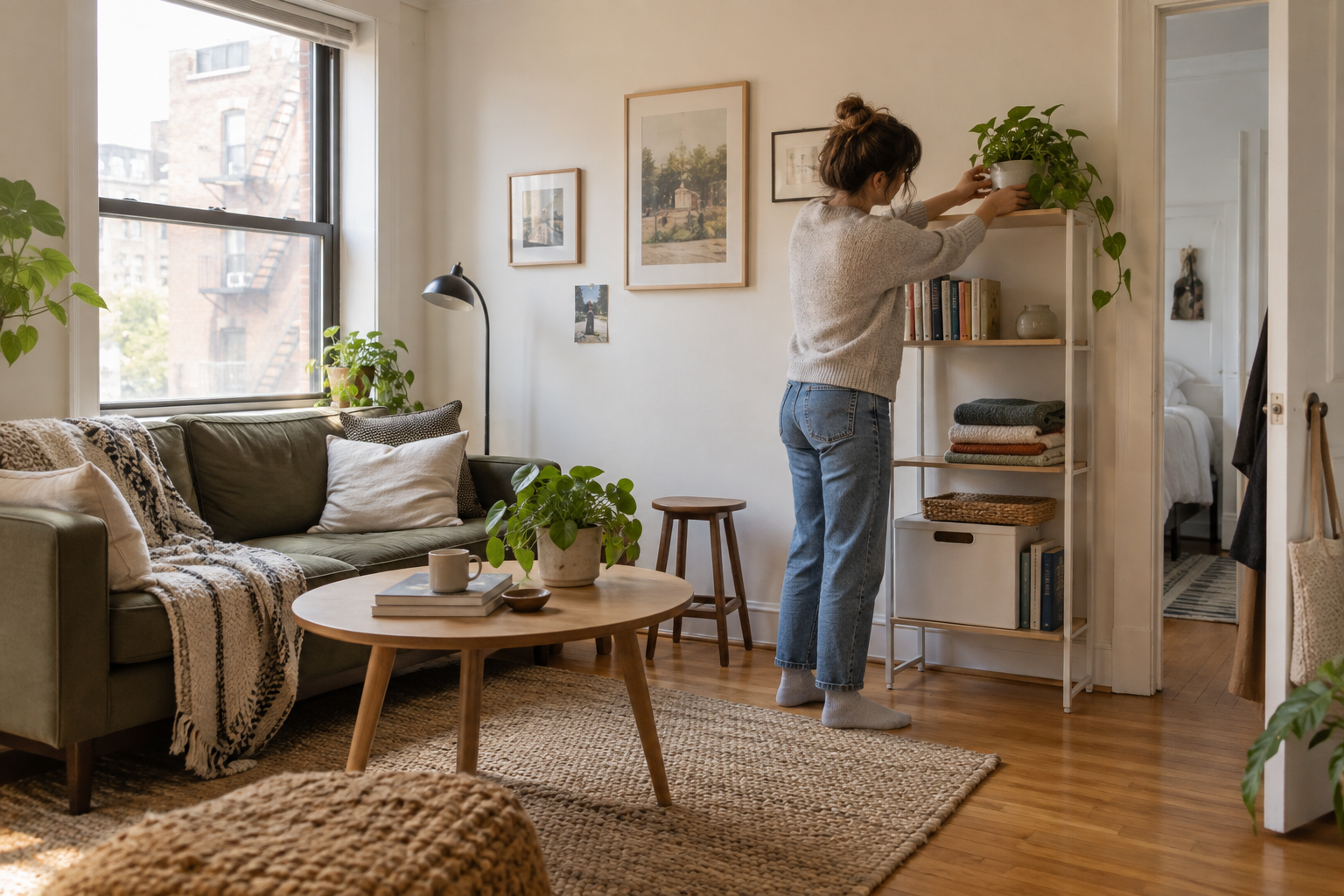 A renter arranging a slim storage shelf in a bright compact apartment living room